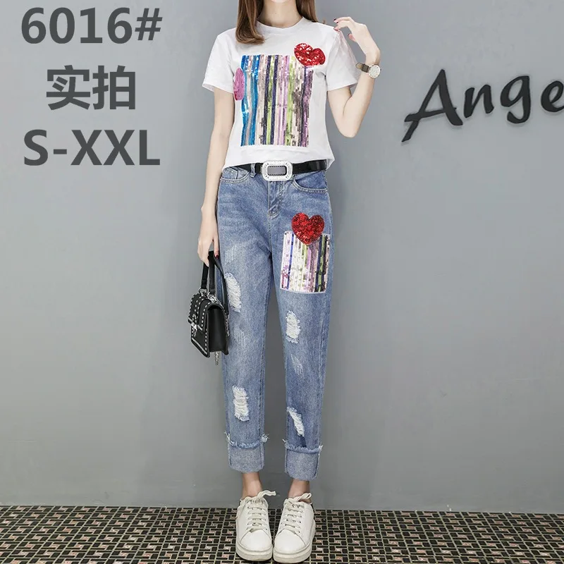 

Ozhouzhan Spring And Summer 2019 New Style European Goods Sequin Printing Short-sleeved T-shirt with Holes Jeans Two-Piece Set W