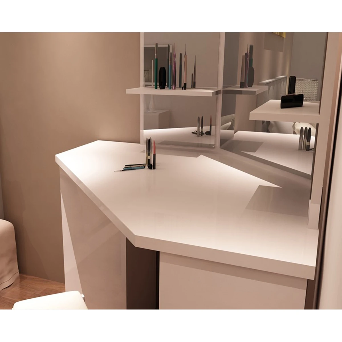 Big Promo Panana Dressing Table With Mirror Curved Pentagon Shape Modern Dresser Desk For Bedroom Jewelry Makeup Organizer White
