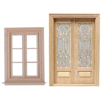

2 Set 1:12 Doll House Miniature Double Open Sn Door Wooden Exterior Hollow Sn Double Door Doll House Double Window Woode