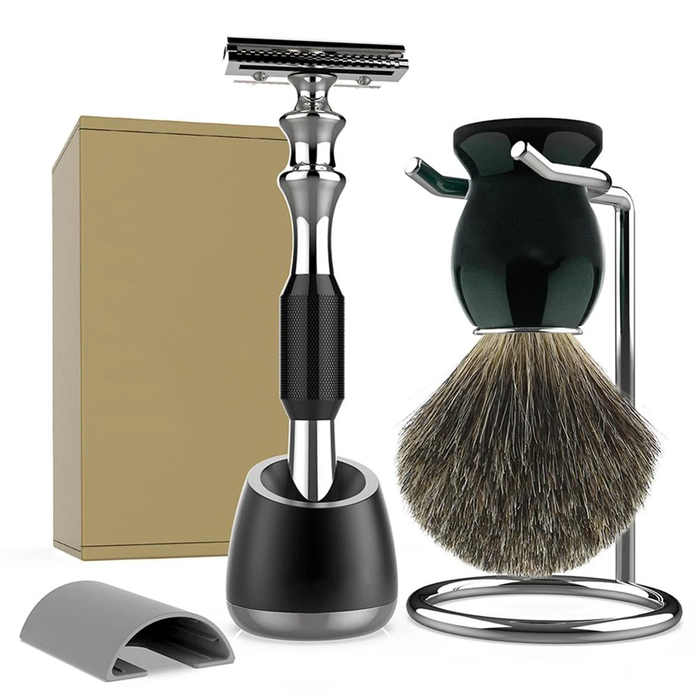 Shaving Brush And Razor Set, Best Badger Hair Black Wood Handle Barber