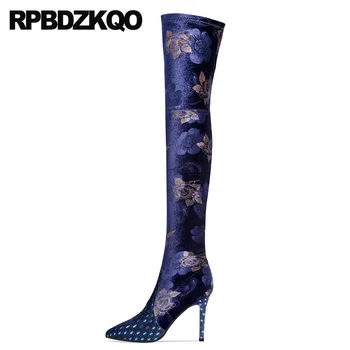 

shoes high heel stiletto flower blue sheepskin embroidered over the knee embroidery suede slim thigh women boots pointed toe