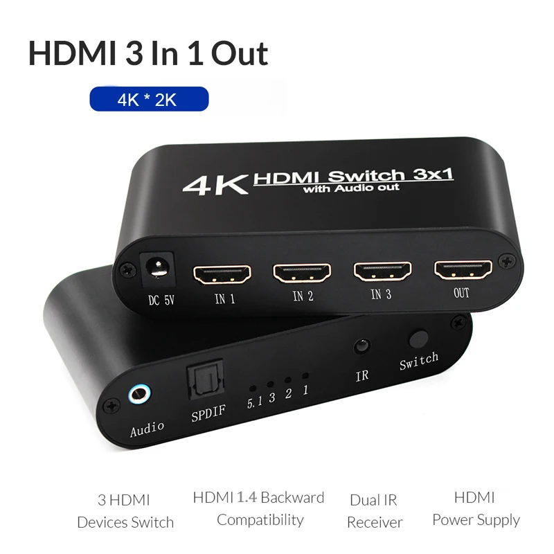 5 шт. HDMI коммутатор 3x1 3 в 1 из аудио экстрактор с пультом дистанционного управления для монитора ТВ ноутбука
