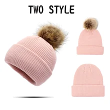 Женская зимняя шапка, шапка с помпонами, шапка с меховым помпоном, шапка с черепом, женская вязаная шапка, Женская шерстяная шапка