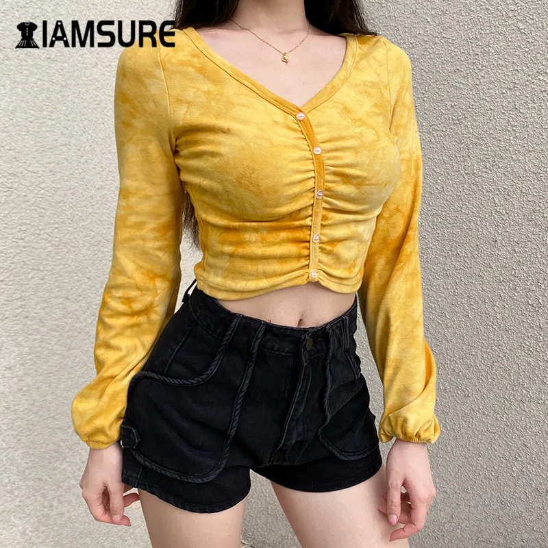 

IAMSURE 2020 Autumn Fashion Tie Dye Print Long Sleeve Cropped Shirt For Women Sexy V-Neck Ruched Fitness Female Shirt Streetwear
