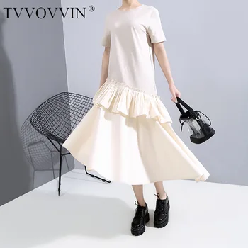

TVVOVVIN 2020 Summer New Dress Ruffles Asymmetrical Patchwork Casual Loose Empire O-neck Streetwear Pleated Solid A231