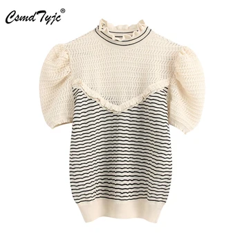 

Stylish Patchwork Striped Ruffle Knitted Blouses Sweet High Neck Short Sleeve Female Pullovers Chic Tops