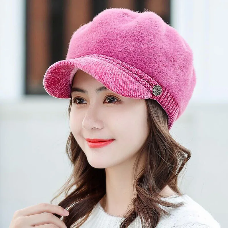 

BINGYUANHAOXUANLadies Fashion Winter Rabbit Fur Berets Newsboy Hat Cotton Hat Women's Winter Hats 2019 Beret Hat Fur Gorra Boina
