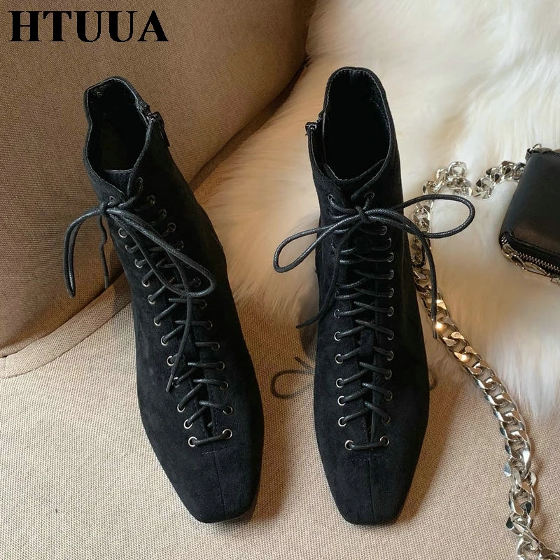 

HTUUA New Black Flock Women Boots Autumn Winter Zippers Cross-tied Short Ankle Boots Square Toe Chunky Shoes Woman SX3430
