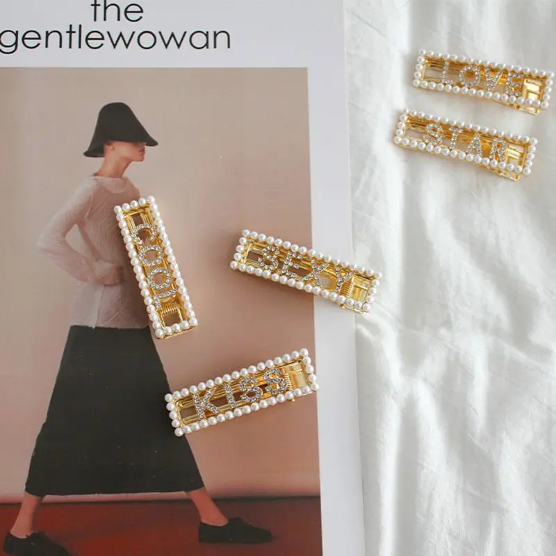 6 Pcs/set New Girls Artificial Pearl Hairpin Rectangular Duckbill Clips Fashion Women Rhinestone Letter Hair Clip M7DD