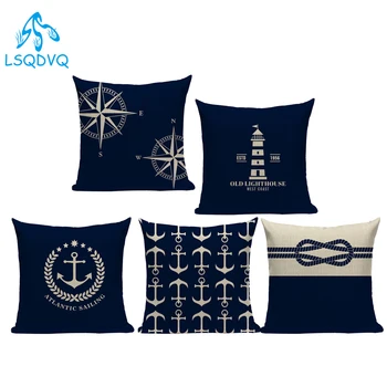 

Nordic Ocean Mediterranean Sailing Lighthouse Anchor Blue Throw Pillows Case Linen Sofa Home Decor Cushion Cover Living Room