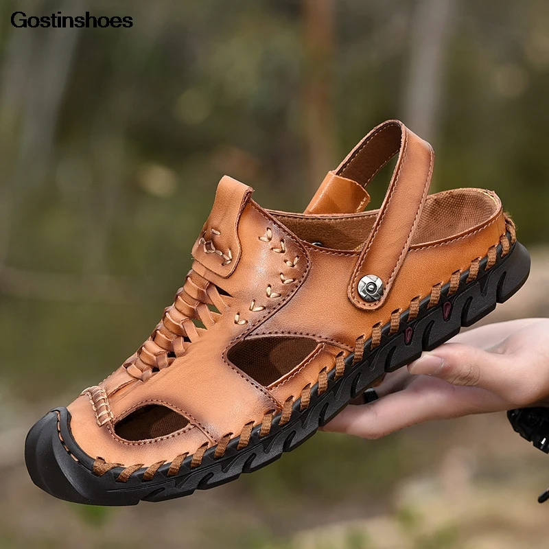 Мужские сандалии Летняя обувь ручной работы из воловьей кожи с закрытым носком