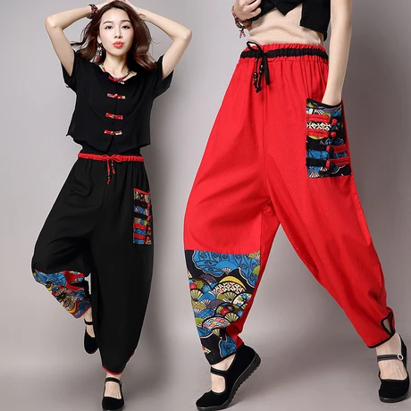 Günstige Retro casual hosen für frauen im frühjahr und herbst Chinesischen stil baumwolle leinen große größe breite bein hosen lose knickerbocker