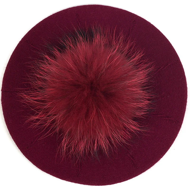 wine red B Geebro женский зимний 15 см настоящий мяч Pom шапки с помпонами для Женщин Девочка вязаная шапка Толстая Женская slouky Skullies Beanies - Цвет: wine red B