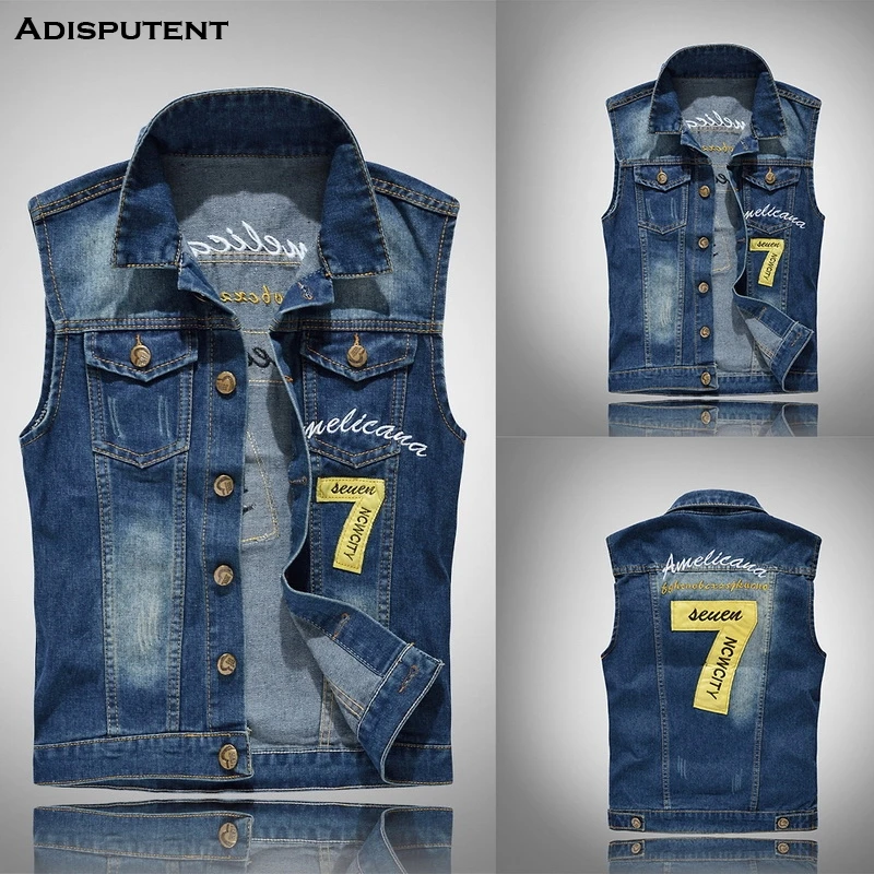 Прямая ; модная мужская одежда без рукавов; приталенный джинсовый ковбойский жилет с вышивкой; джинсовый жилет с вышивкой на плечах