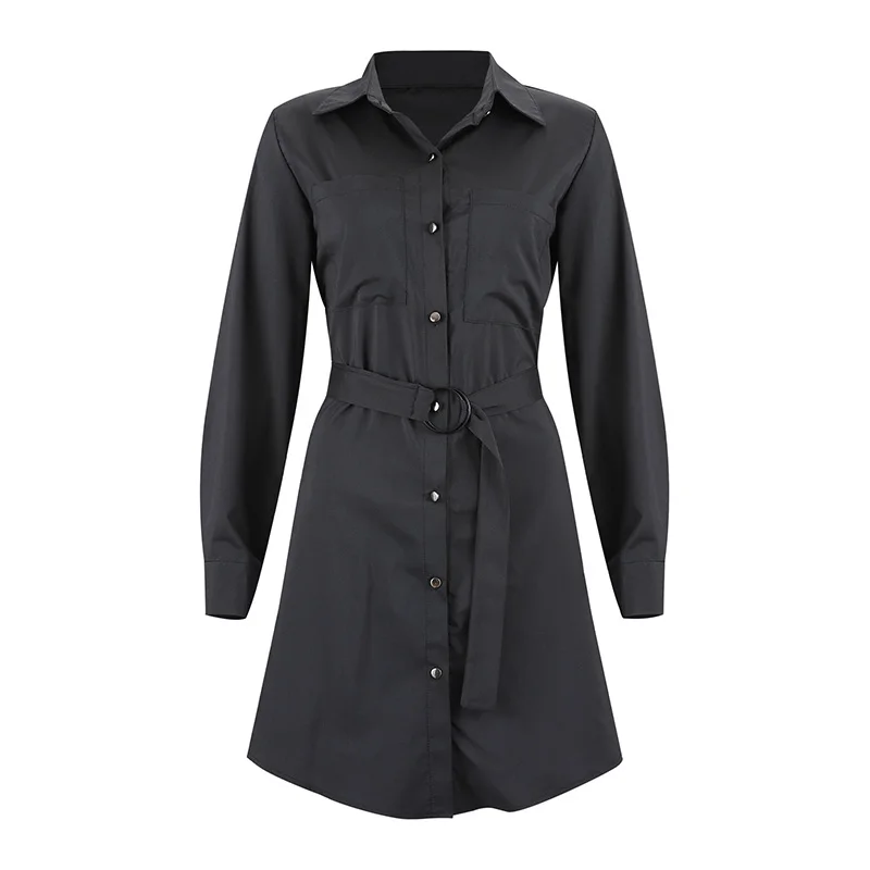 Tanie Modna koszula na co dzień sukienka odzież na jesień Casual jednokolorowy długi guzik na rękawie Turndowen Collar Women Mini Dress