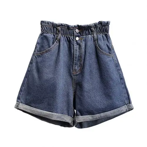 Dark Blue Модные женские эластичные хлопковые шорты с высокой талией и широкими штанинами размера плюс, летние джинсы - Цвет: Dark Blue