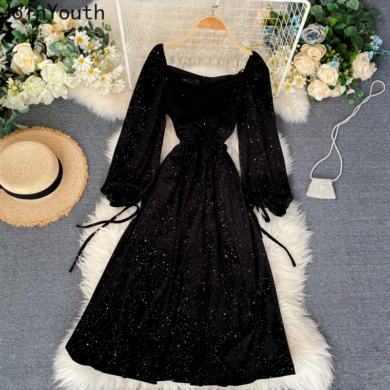 

Neploe Woman Velour Dress Retro Puff Long Sleeve Lace Up Velvet Dresses Square Sleeve Long Autumn Female Dresses Vestidos 56915