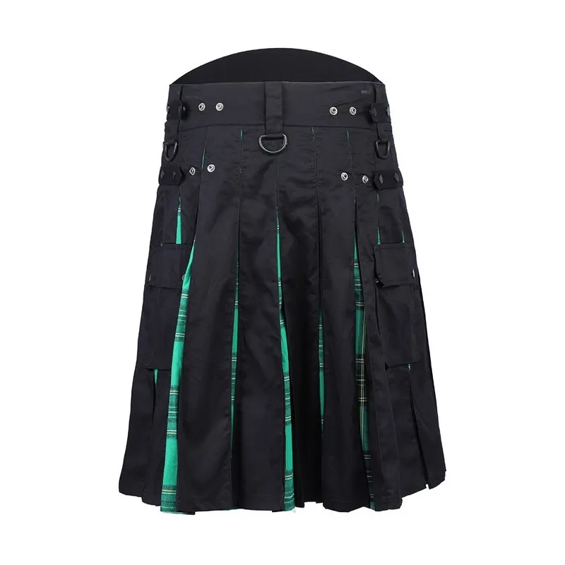 Шотландские юбки для килта, мужские традиционные клетчатые юбки с поясом, плиссированные брюки с двусторонней цепочкой, Мужская юбка, готические панковские брюки в клетку - Цвет: green2