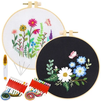 

2 Pack Full Range of Embroidery Starter Kit Including Embroidery Clothes with Pattern Color Threads Hoops and Tools