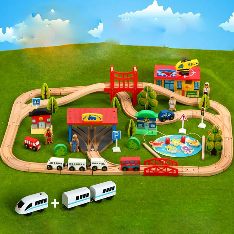 Wooden Train Track Set Magnetic Educational Slot Track Wooden  train railway rail Station Puzzles Car Toys For Kids Gifts