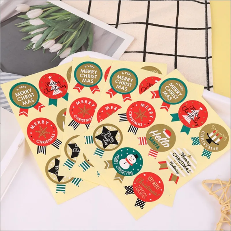 

90PCS/Lot Mixed design Christmas Medal Stickers Kraft Label Sticker DIY Hand Made For Gift Cake Baking Sealing Sticker