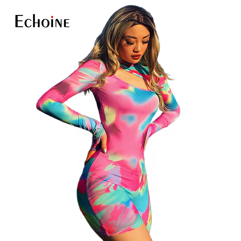 Сексуальный Модный женский костюм с высоким воротом и принтом tie dye, осень, Облегающий комбинезон с длинным рукавом, Облегающий комбинезон