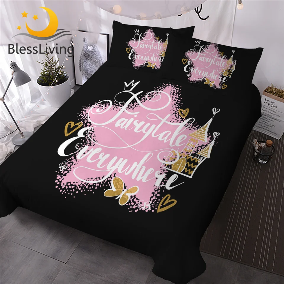 

BlessLiving Pink Star Bedding Set Fairy Tale Girlish Duvet Cover Glitter Hearts Bedspreads Castle Crown Cartoon Bed Set for Kids