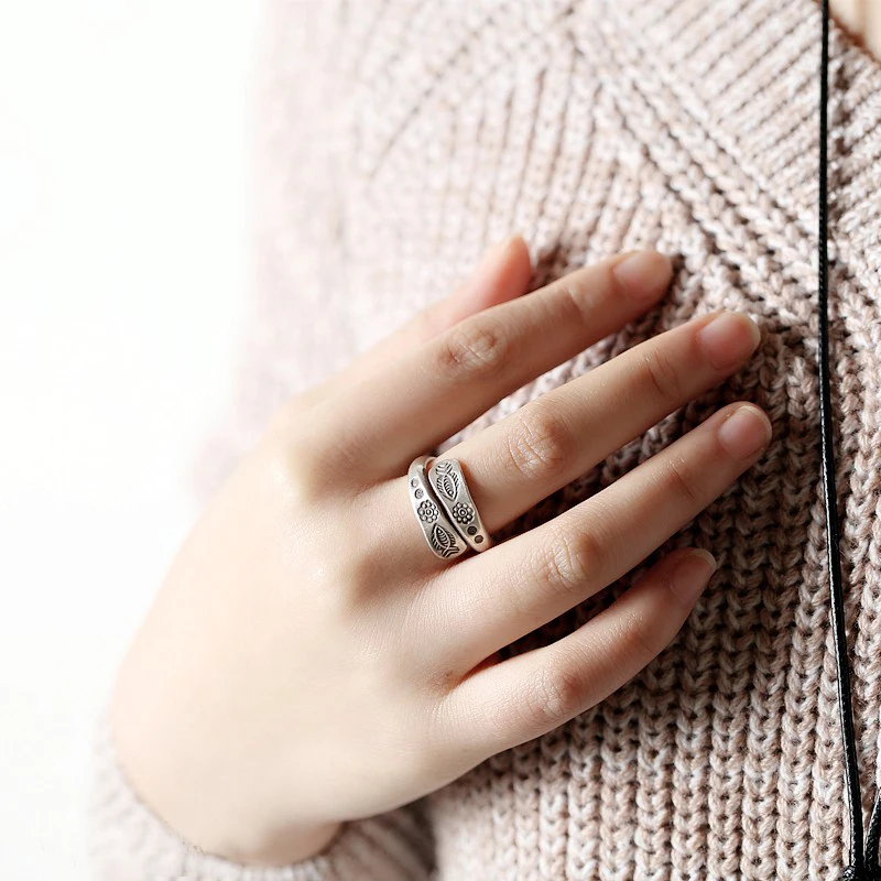 Ретро тайское серебряное Двухслойное кольцо, резное кольцо в виде рыбьего цветка, очаровательное кольцо для мужчин и женщин, Классическая мода, ширина 10,50 мм, вес 4,50 г, WT046