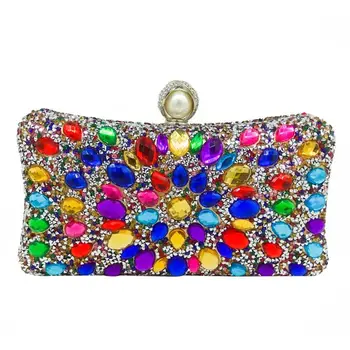 

Women Colorful Beaded Evening Metal Clutches Shoulder Bag Wedding Party Prom Bridal Handbag Purse