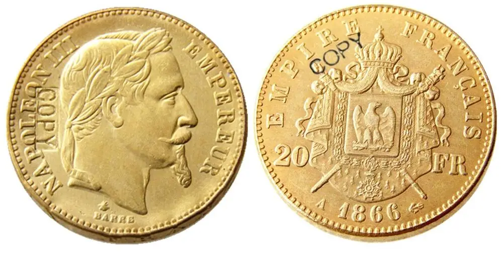 Франция 20 Франк 1861-1870-A-B лет доступны Позолоченные копии монеты - Цвет: 1866-A
