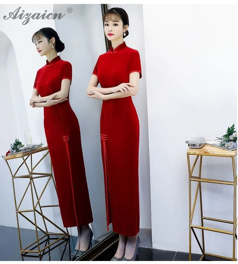 Бархат Cheongsam Сексуальная Китайская традиционная Женская одежда вечернее платье Длинные платья для Свадебная вечеринка Cheongsams велюр