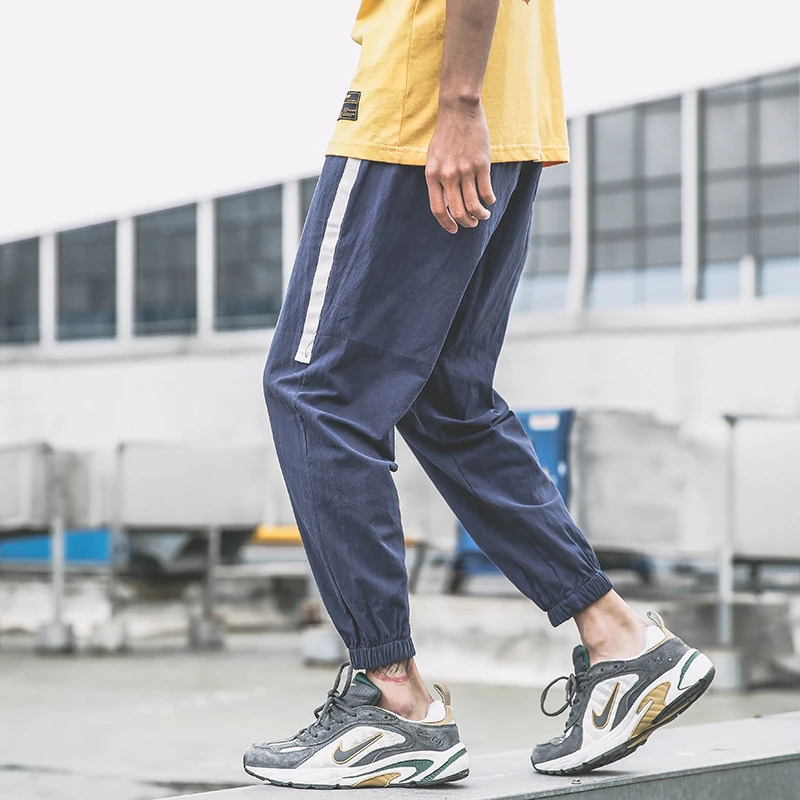 Японские летние мужские брюки из хлопка и льна, мужские брюки с тонкой секцией, Свободные повседневные шаровары, Брендовые брюки для бега