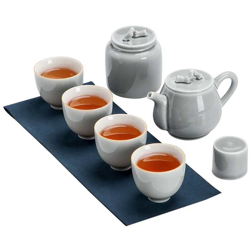 Japanese Ice Gray Glaze Porcelain Kung Fu Tea Set Household Tureen Side Handle Pot Set Ceramic Tea Chinese Cup