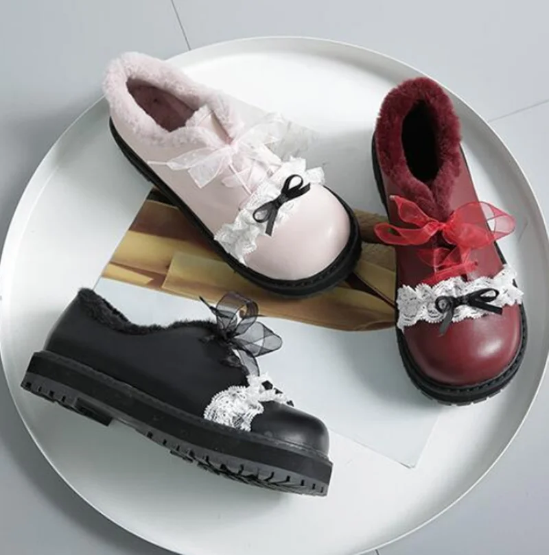 

lace bowknot student kawaii shoes round head plus velvet thicken keep warm women shoes loli cos Winter sweet lolita shoes retro