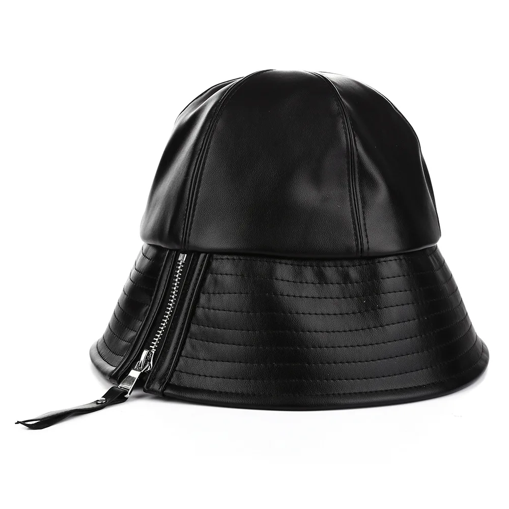Womens Winter Autumn Solid Color PU Leather Bucket Hats Waterproof Packable Outdoor Travel Fashion Bucket Hat Adjustable - Цвет: black