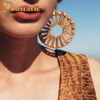 

BONLAVIE Ethnic-Style Hollow Out Circle Cool Earrings Retro Wood Long Ear Stud Women Earrings