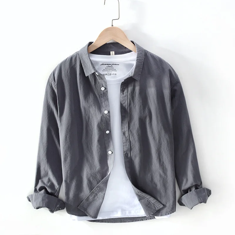 

Men's Long Sleeve Shirt Pure Cotton Solid Color Casual Vintage Regular-fit Turn-down Collar Male Clothing Y3379
