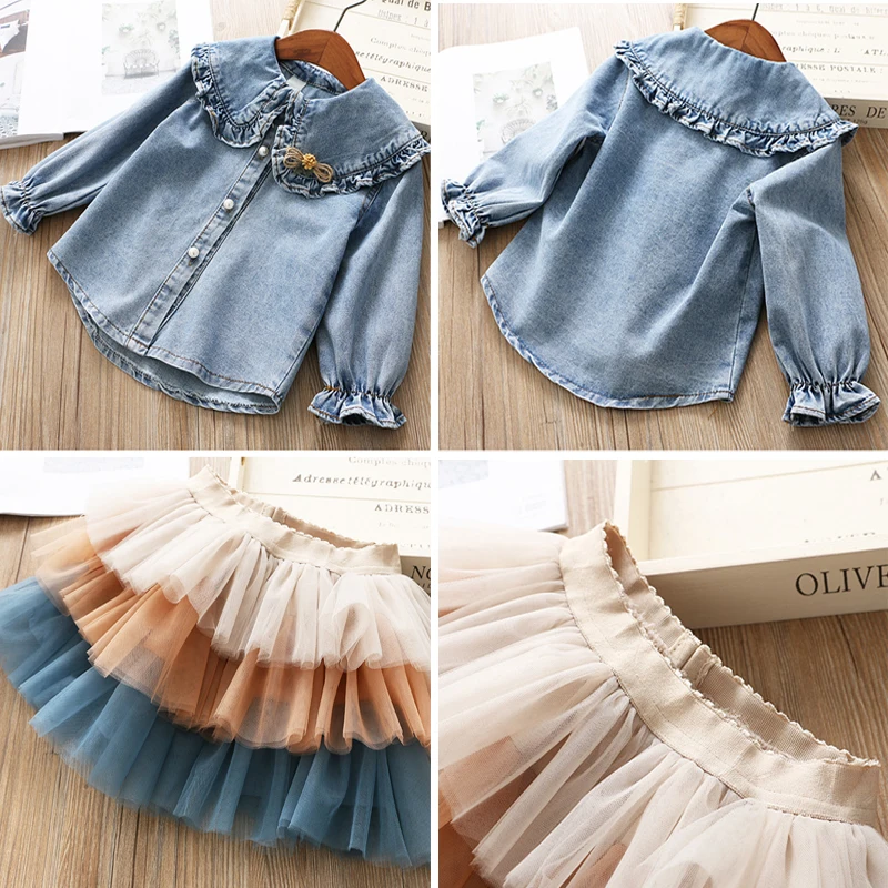 Skup IYEAL dziewczyny odzież ustawia 2019 nowa wiosna dzieci ubrania z długim rękawem jeansowe koszule + Tutu ciasto spódnica 2 sztuk maluch Outfit