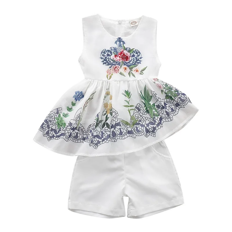 

Fashion Summer Baby Girls Casual Sleeveless Floral Print Irregular T-shirt Dress Tops+Shorts Suits Costume Set#E