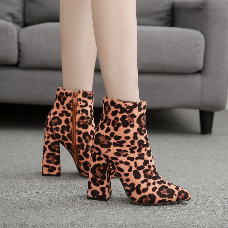 

Leopard Ankle Boots Woman Square High Heels Shoes Zip Pointed Toe Boot Laides Autumn Winter Booties Plus Size Zapatos De Mujer