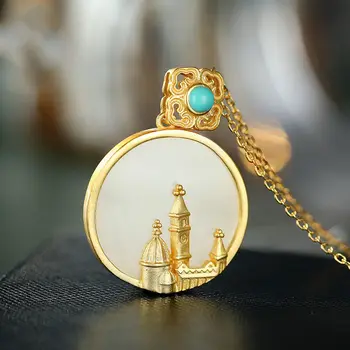 

Natural Hetian white jade pulp round brand Pendant Necklace Chinese style retro palace style castle charm women's brand jewelry