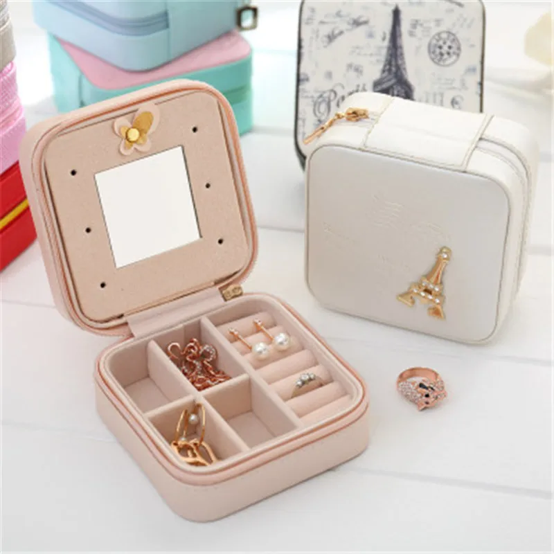 

Korean Style Fresh And Simple Girl Earrings Plate Jewelry Box Protable Leather Earrings Ring Multi-function Jewelry Storage Box