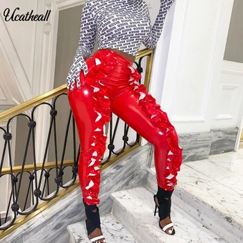 

New Women Side Big Ruffles Faux Leather Splicing Pencil Long Pants Sexy Bodycon Club Trousers Fashion Clothes Pants Autumn