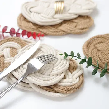 

Hot！！！ 2Pcs Braided Flax Coasters(Round+Oval) For Drink Cotton Boho Style Coasters Non-Slip Heat-Resistant To Protect Furniture