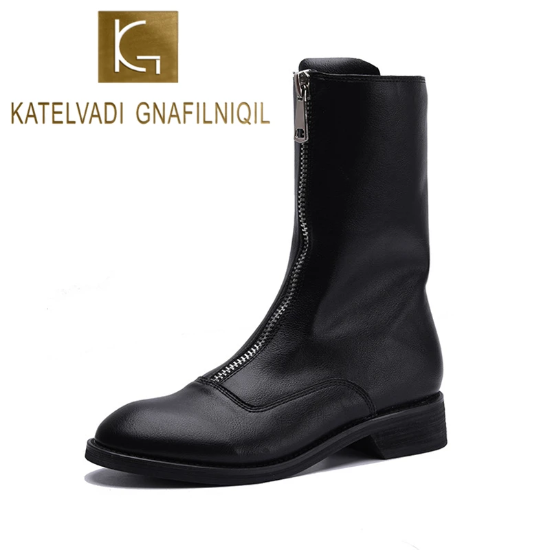 Comprar Botas cortas de invierno katelvadio tacones cuadrados cremallera frontal corto forro de felpa moda negro PU cuero botines zapatos mujer K 519