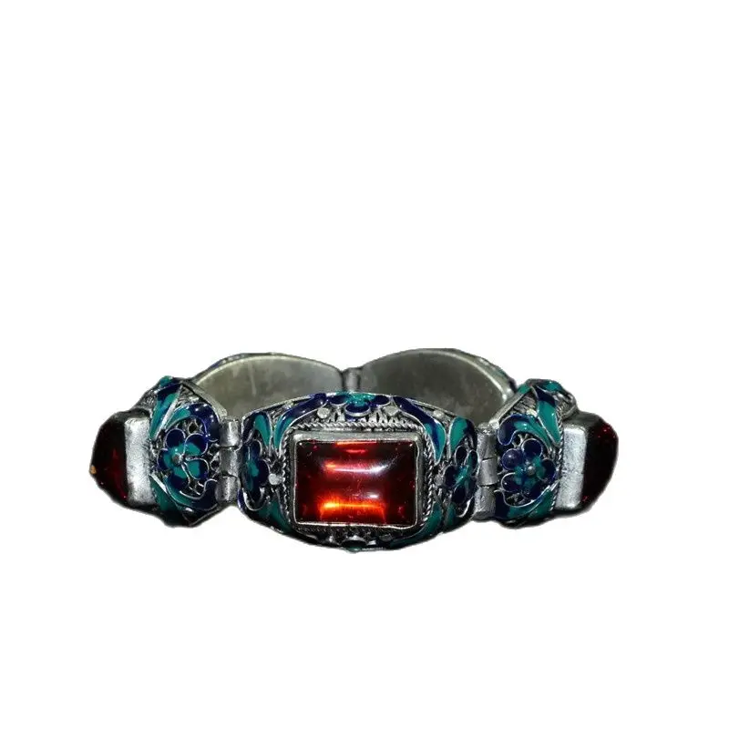 

Chinese Old Tibetan Silver Cloisonne Inlaid Red Zircon Bracelet