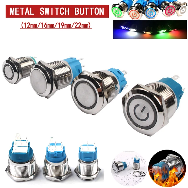 12/16/19/22mm Waterproof Metal Push Button Switch LED Light Momentary  Latching Car Engine Power Switch 5V 12V 24V 220V Red Blue) (Color : Blue  Ring