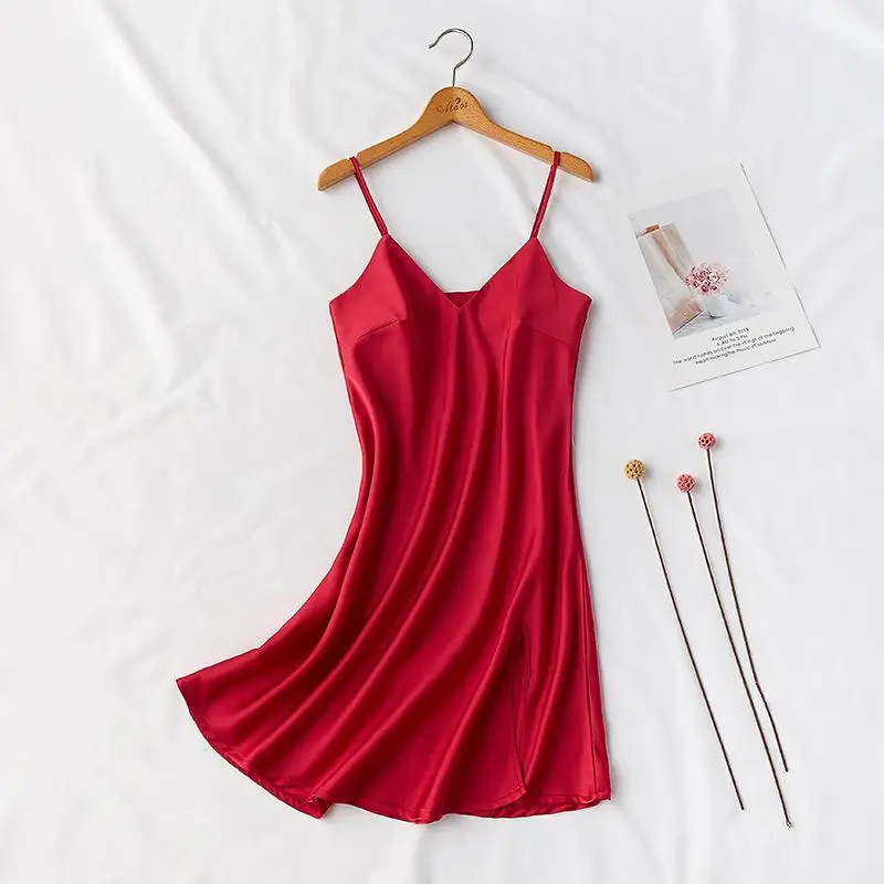 Изысканное женское ночное белье с v-образным вырезом, юбка на подтяжках, сексуальное мини-ночное белье без рукавов, удобная мягкая домашняя одежда - Цвет: Red