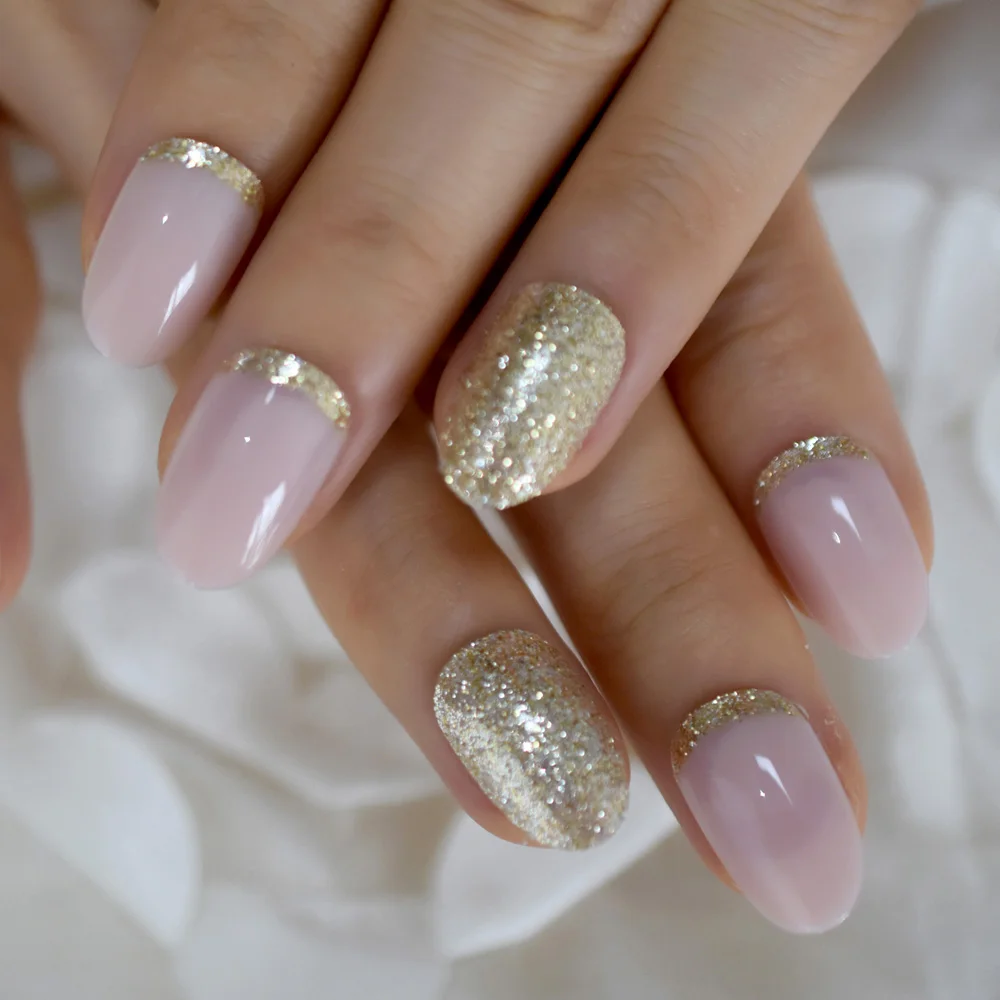 Light Pink Oval Fake Nails Daily Style Gold Glitter Moo Short Nail Art Tips Press On Nails Shimmer Manicure Tip With Adhesive False Nails Aliexpress