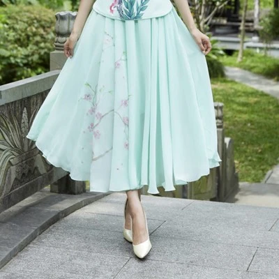 green Longuette Sheng Coco Chiffon Chinese Style Skirt Bandage Tulle Long Boho Maxi Skirt Half-body Oriental Pink White High Waist Midi Skirt - Цвет: green Longuette